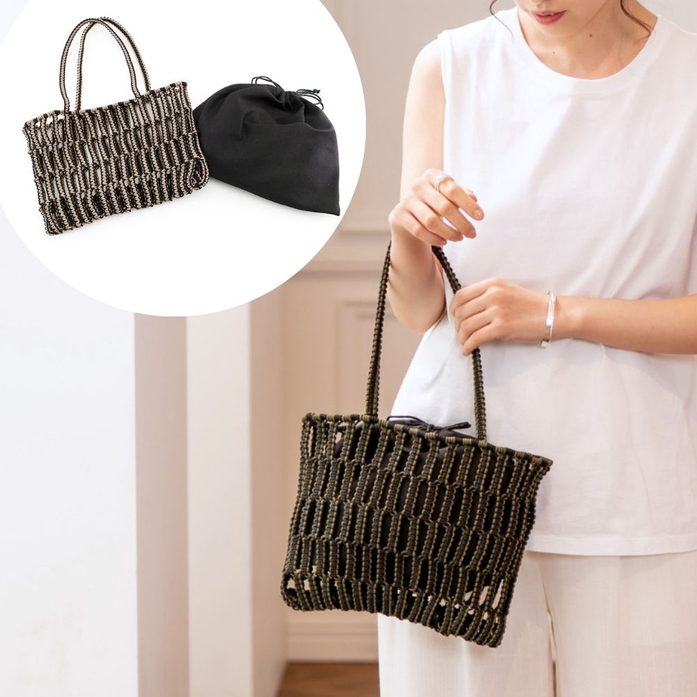 【先行予約】手仕事に魅せられる マクラメ編みの配色トートバッグ（2色）