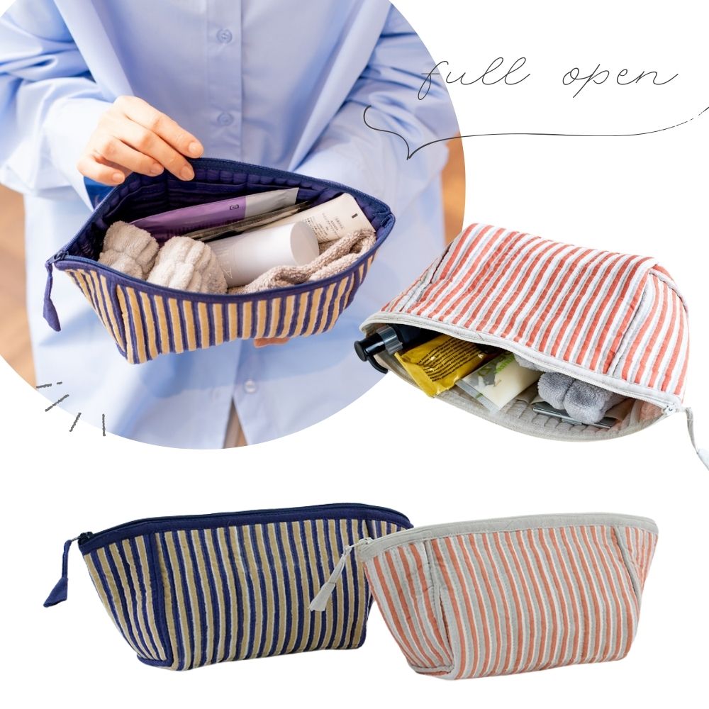 【先行予約】中が見やすいブロックプリントのストライプ柄ポーチ（2色）