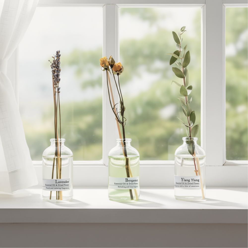 エッセンシャルオイルのディフューザー&ドライフラワーのセット （3種類）