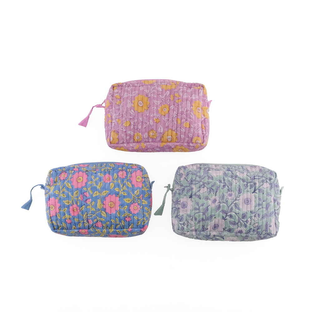 ブロックプリントのキルティングポーチ ベインフラワー（4色）
