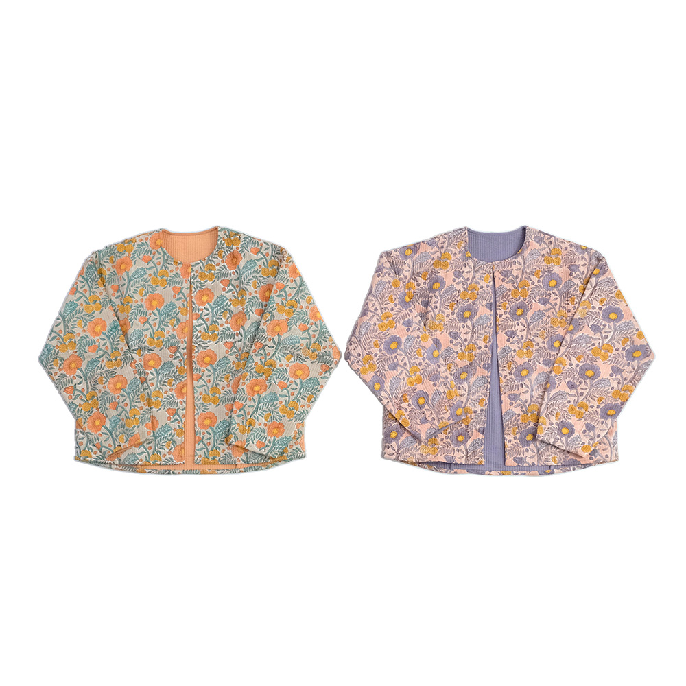 【先行予約】優しい着心地 ブロックプリントのキルティングジャケット ポピー（2色）