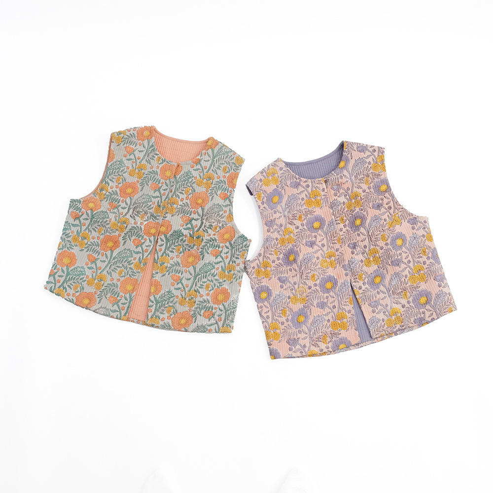 【先行予約】優しい着心地 ブロックプリントのキルティングベスト ポピー（2色）